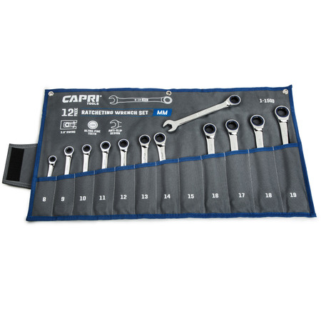 Capri Tools 100-Tooth Metric Ratcheting Combination Wrench Set, 12 pcs with Pouch CP11500